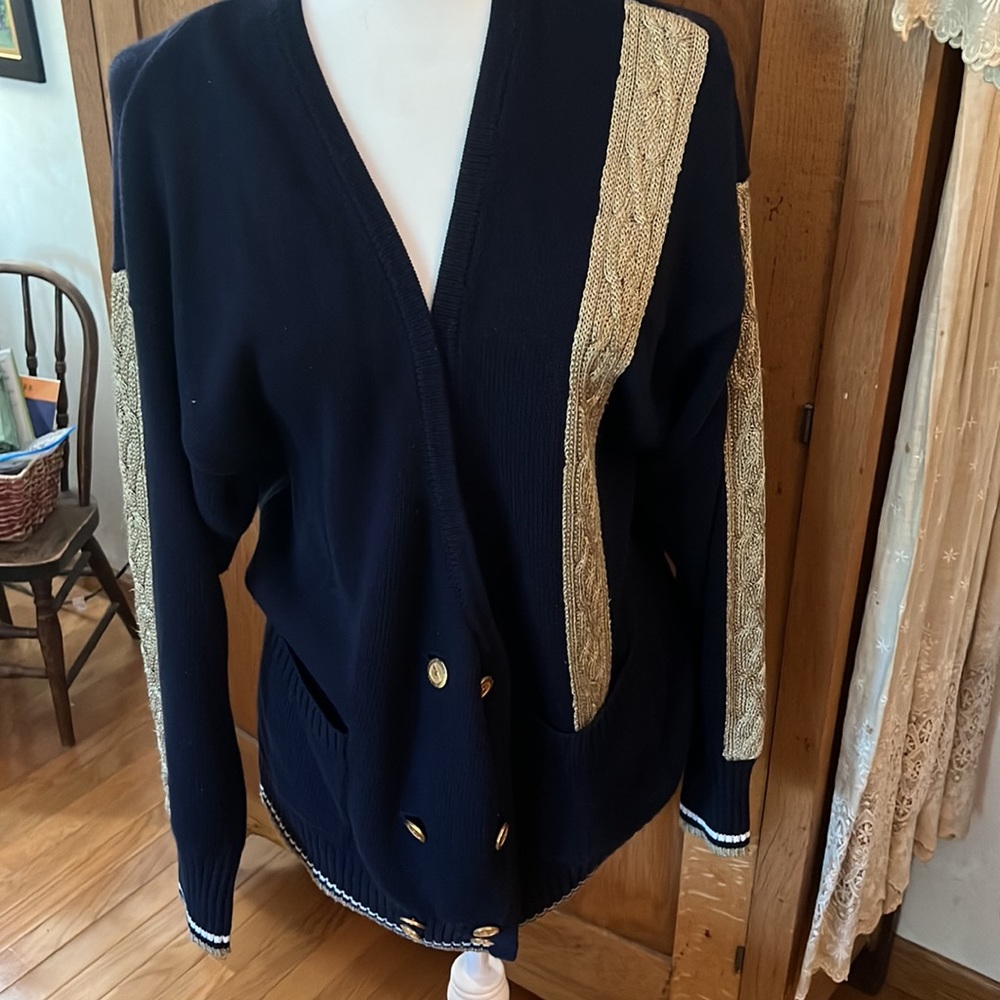 Vintage Semplice cardigan sweater; size L, navy with gold buttons and trim